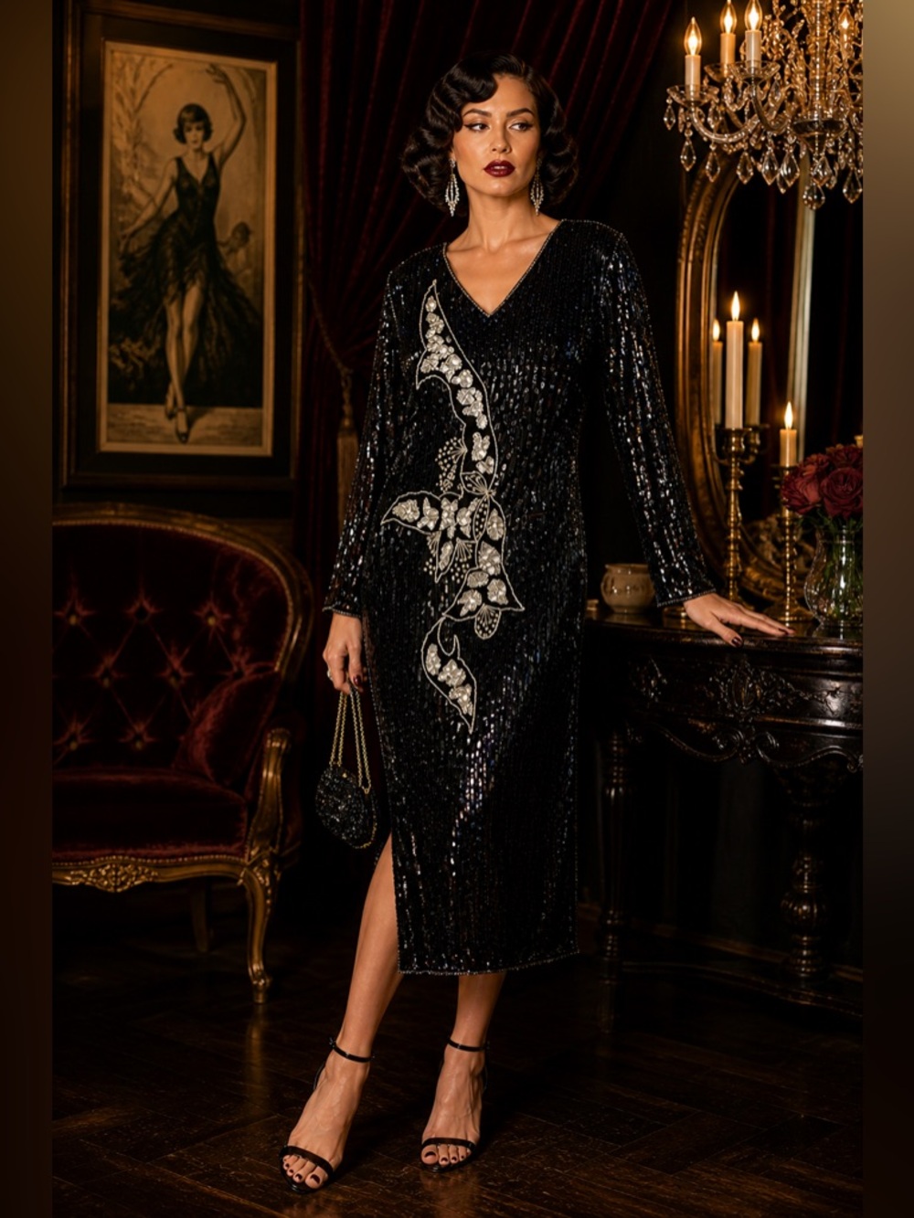 ✨ Vintage Jewel Queen Hand Beaded Black Silk Sequin Dress (L)80s Glam Elegance